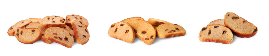 Set with sweet hard chuck crackers with raisins on white background. Banner design