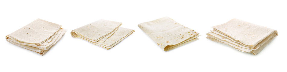 Set with tasty Armenian lavash on white background. Banner design