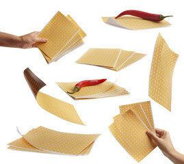 Collage with photos of women holding pepper plasters on white background