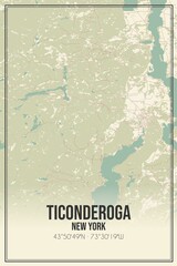 Retro US city map of Ticonderoga, New York. Vintage street map.