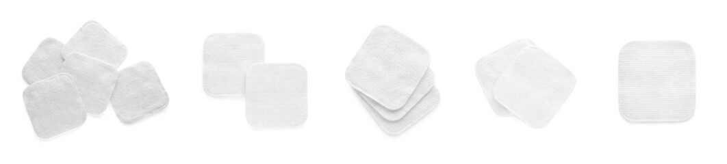 Set with soft clean cotton pads on white background, top view. Banner design