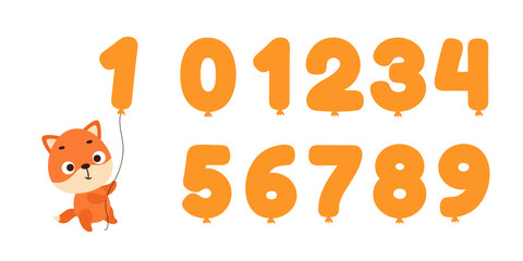 Cute little fox flying on balloon number on white background. Cartoon animal character for kids t-shirt, nursery decoration, baby shower, greeting card, house interior. Vector stock illustration © Jexy