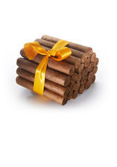 Close up view of bunch of cigars on white back