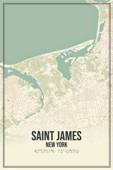 Retro US city map of Saint James, New York. Vintage street map.