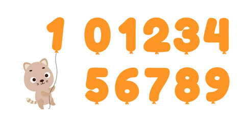 Cute little cat flying on balloon number on white background. Cartoon animal character for kids t-shirt, nursery decoration, baby shower, greeting card, house interior. Vector stock illustration © Jexy