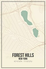 Retro US city map of Forest Hills, New York. Vintage street map.