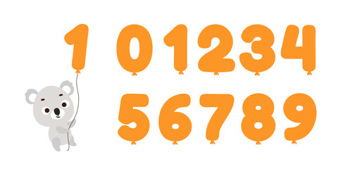 Cute little koala flying on balloon number on white background. Cartoon animal character for kids t-shirt, nursery decoration, baby shower, greeting card, house interior. Vector stock illustration © Jexy