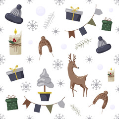 Christmas seamles pattern with tree, santa, decoration, gifts. Christmas seamless pattern perfect for textile, wrap and wallpaper and design.
