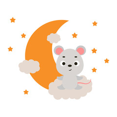 Cute little mouse sitting on cloud. Cartoon animal character for kids t-shirt, nursery decoration, baby shower, greeting cards, invitations, house interior. Vector stock illustration
