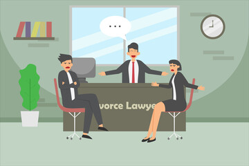 Married couple quarreling in lawyer office. Divorce lawyer illustration concept