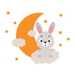 Cute little bunny sitting on cloud. Cartoon animal character for kids t-shirt, nursery decoration, baby shower, greeting cards, invitations, house interior. Vector stock illustration