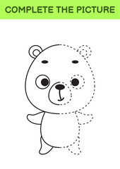 Complete drawn picture of cute bear. Coloring book. Dot copy game. Handwriting practice, drawing skills training. Education developing printable worksheet. Activity page. Vector illustration