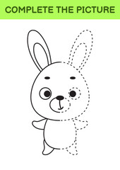 Complete drawn picture of cute hare. Coloring book. Dot copy game. Handwriting practice, drawing skills training. Education developing printable worksheet. Activity page. Vector illustration