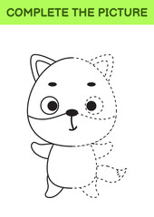 Complete drawn picture of cute fox. Coloring book. Dot copy game. Handwriting practice, drawing skills training. Education developing printable worksheet. Activity page. Vector illustration