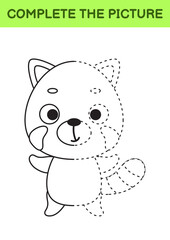 Complete drawn picture of cute red panda. Coloring book. Dot copy game. Handwriting practice, drawing skills training. Education developing printable worksheet. Activity page. Vector illustration