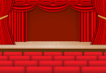 realistic theater wooden stage with lights and red curtain.