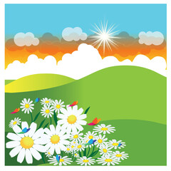 Fototapeta na wymiar Lanscape lawn mountains garden daisy flowers butterflies banner background template vector image 