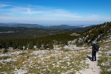 Vercors landscape with a hiker in the mountains of the Alps in France