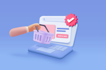 3D shopping online via laptop with check mark icon, shopping bag or basket. Check list button best choice, success, tick, accept concept. 3d notebook icon vector render illustration