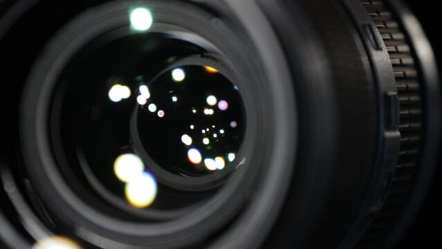 Macro Shooting of Aperture Blades. Camera Lens with Flares on Optical Glass