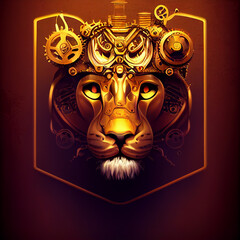 Mechanical Mascot lion head. Steampunk style animal. 3d illustration