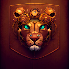 Mechanical Mascot lion head. Steampunk style animal. 3d illustration