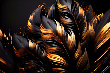 black and gold feathers background as beautiful abstract wallpaper header