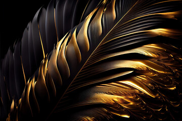 black and gold feathers background as beautiful abstract wallpaper header