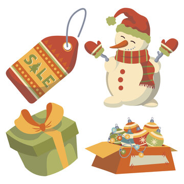 set of vector images of christmas snowman in hat gifts box with christmas decorations