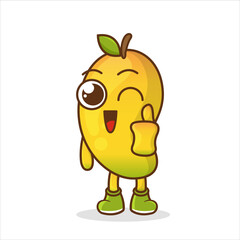 Ripe juicy tropical mango fruit character, cute mango mascot with thumbs up
