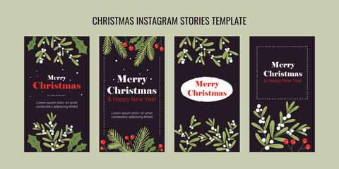 Christmas instagram stories template set fir twigs christmas berries and mistletoe in hand drawn style
