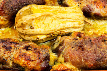 Grilled meat wrapped with pumpkin roll, close up