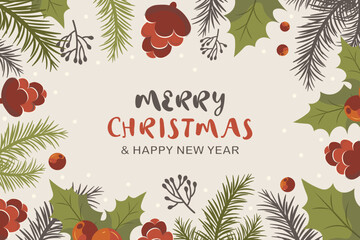 Hand drawn christmas background merry christmas and new year fir branches and cones vector