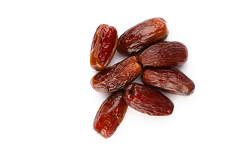 Dry dates isolated on white background. Top view. Flat lay pattern.