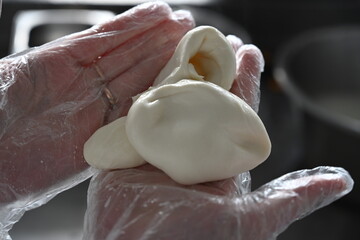preparation of mozzarella in a dairy - 549387250