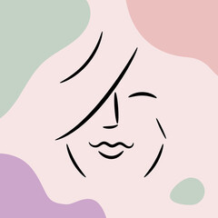 Smiling girl line art portrait. Minimalist style woman face with pastel color elements. Beautiful woman linear freehand drawing. Gender equality. Cosmetic product packaging design. Vector illustration
