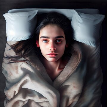 young brunette woman sleeping in, a woman lying in bed, illustration with lip hairstyle