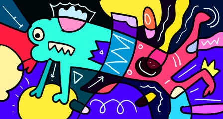 Fototapeta premium Vector colorful abstract doodle hand drawn monster and animal illustration for digital banner design 2023