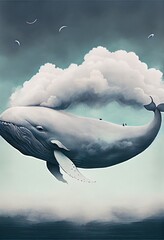 whale in clouds illustration, a shark swimming in the water, illustration with water cloud