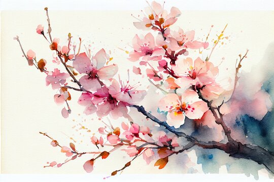 watercolor illustration of cherry blossoms, a close up of flowers, illustration with flower plant
