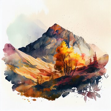 watercolor autumn. 3d rendered digital, a mountain with a fire on it, illustration with plant art