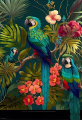 Obraz premium wallpaper branches palm tree plants, a painting of a parrot and a cat on a branch, illustration with flower bird