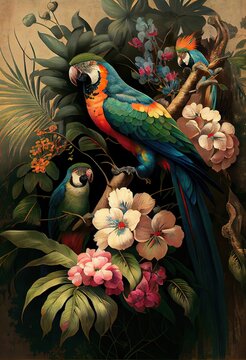 wallpaper branches palm tree plants, a painting of a parrot, illustration with bird flower