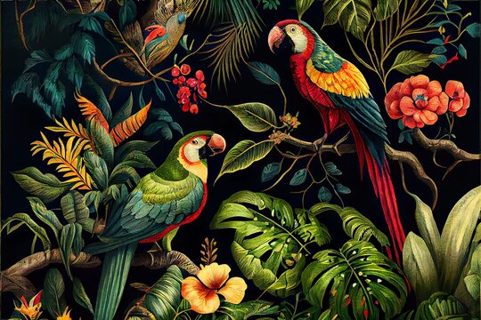 wallpaper and leaves tropical forest, a group of colorful birds on a tree, illustration with bird botany