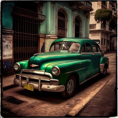 vintage classic car in, an old green car parked on the side of a street, illustration with car automotive