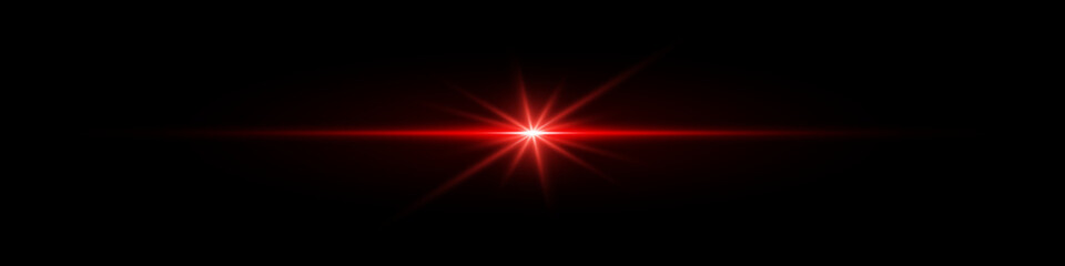 Obraz premium Red neon line, star burst. Light lines. Blurred lens light effect on black background.