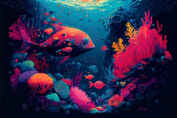 underwater vibrant pixel illustration, a large group of fish swimming in a tank, illustration with liquid organism