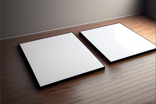 two square blank picture canvases, a book open on a table, illustration with brown rectangle