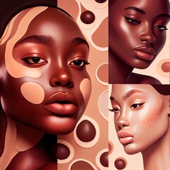 styled liquid foundation patterns in, a collage of a woman's face, illustration with nose cheek
