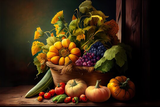 Summer And Autumn Harvest Of, A Basket Of Fruits, Illustration With Food Fruit